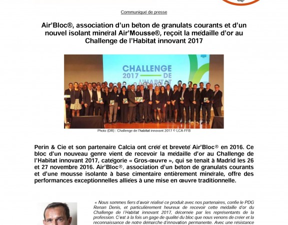 Communiqué de presse Perin & Cie Air'Bloc Medaille d'Or LCA-FFB Nov 2016
